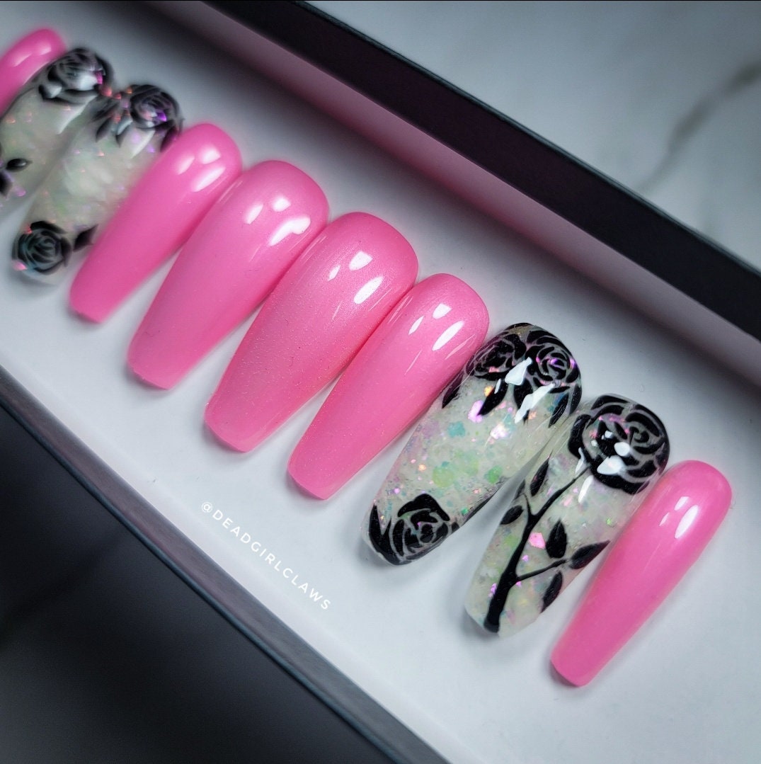 Radiant Rose Press On Nail Set (Glow in the Dark)